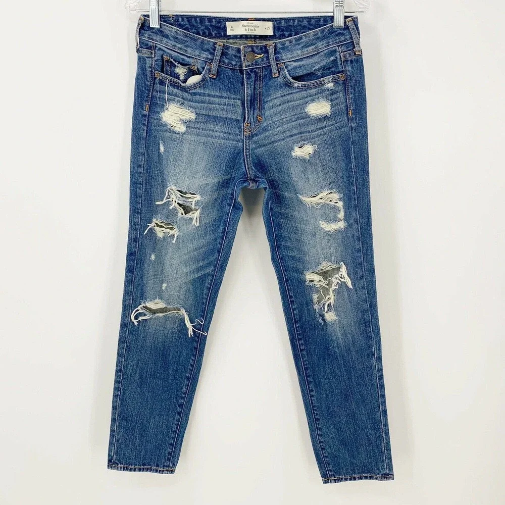 Abercrombie & Fitch Distressed Destroyed Ripped Tapered Jeans Size 4 Medium Wash